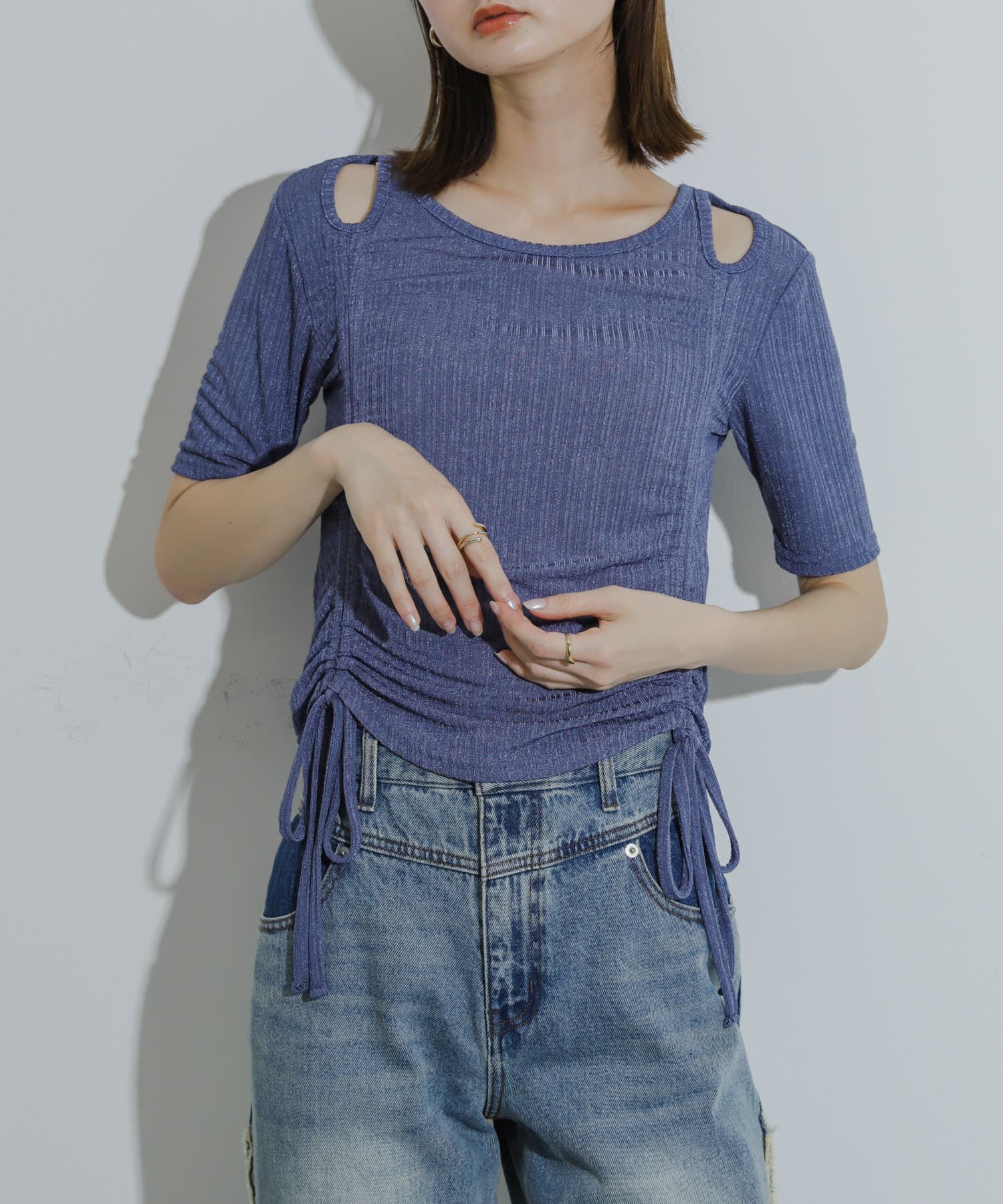 SENSE OF PLACE by URBAN RESEARCH「カットアウトシャーリングトップ(5分袖)」|Tシャツ・カットソー|ブルー
