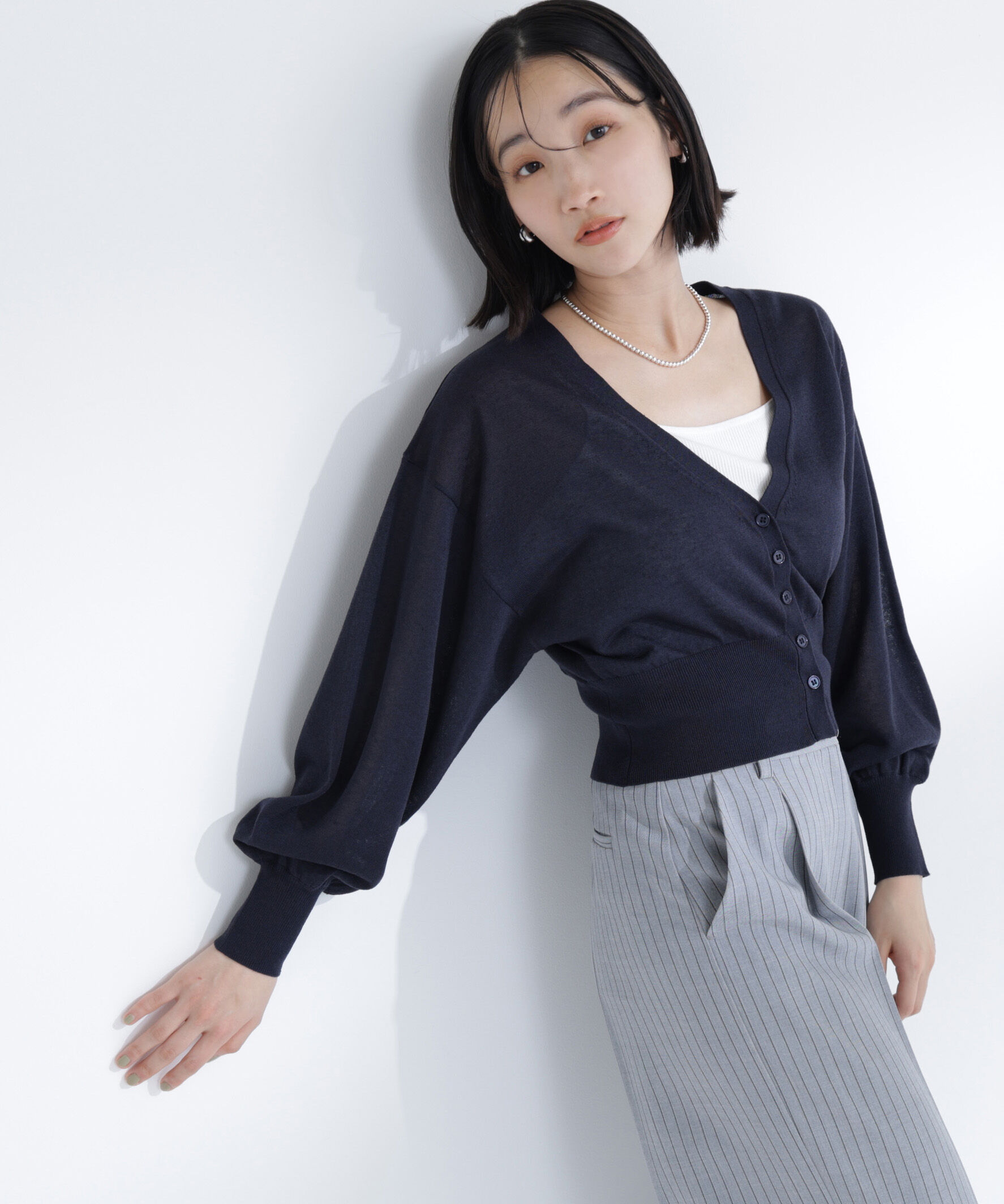  「さらりと、涼しげ麻混カーディガン」|ニット・セーター|ネイビー