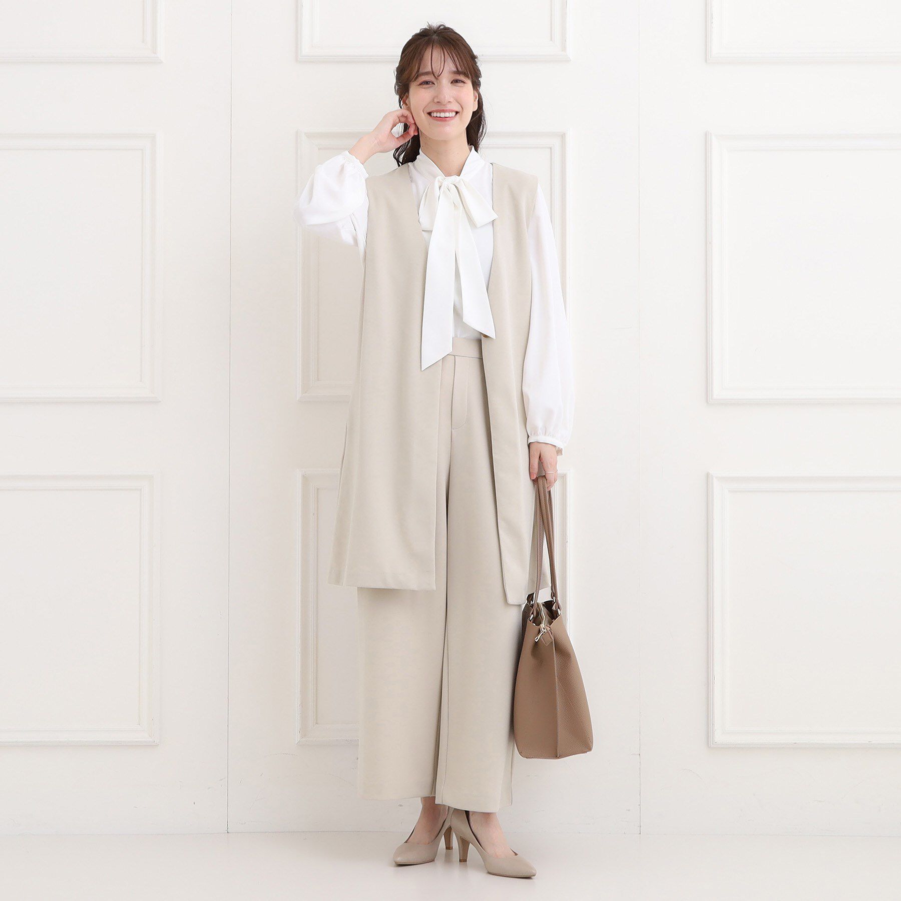 SHOO･LA･RUE「【洗濯機可/セットアップ可/S-3L】きちんと楽に。カットジョーゼット ロングジレ」|ベスト・ジレ|