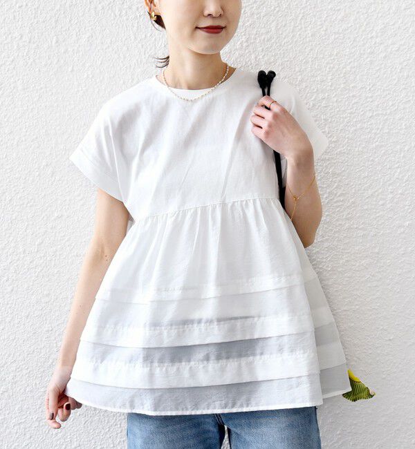 SHIPS for women「【WEB限定】〈手洗い可能〉布帛 コンビ ペプラム TEE」|Tシャツ・カットソー|