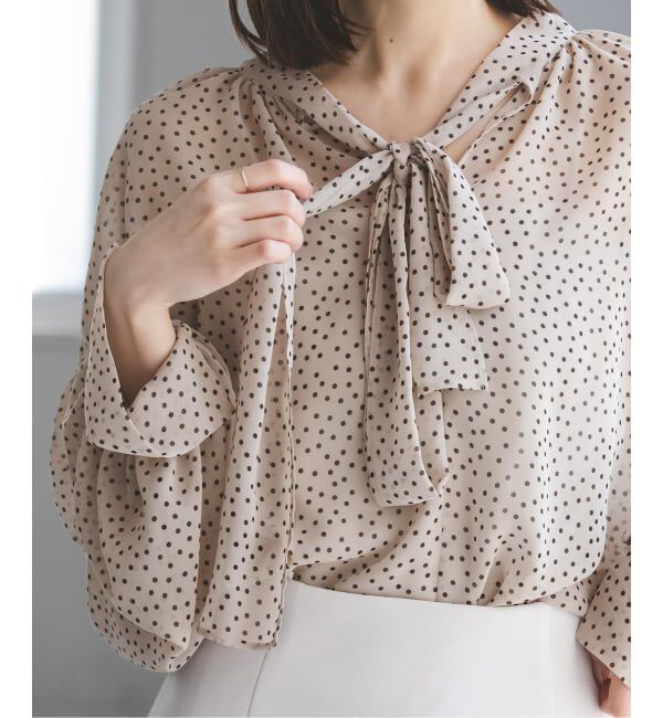 NOBLE「【洗える】ドットシフォンギャザーボウタイブラウス」|シャツ・ブラウス|