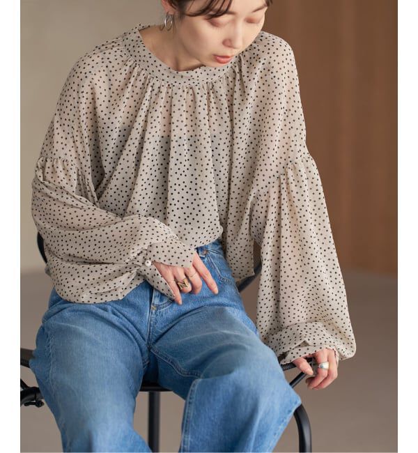 NOBLE「【洗える】ドットシフォンギャザーボウタイブラウス」|シャツ・ブラウス|