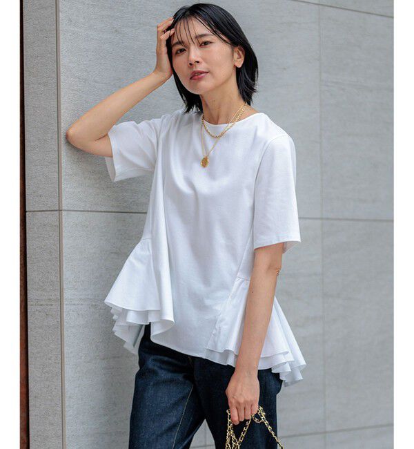 23区「【洗える】コットンポンチコンビジャージー ペプラム カットソー」|Tシャツ・カットソー|ホワイト系