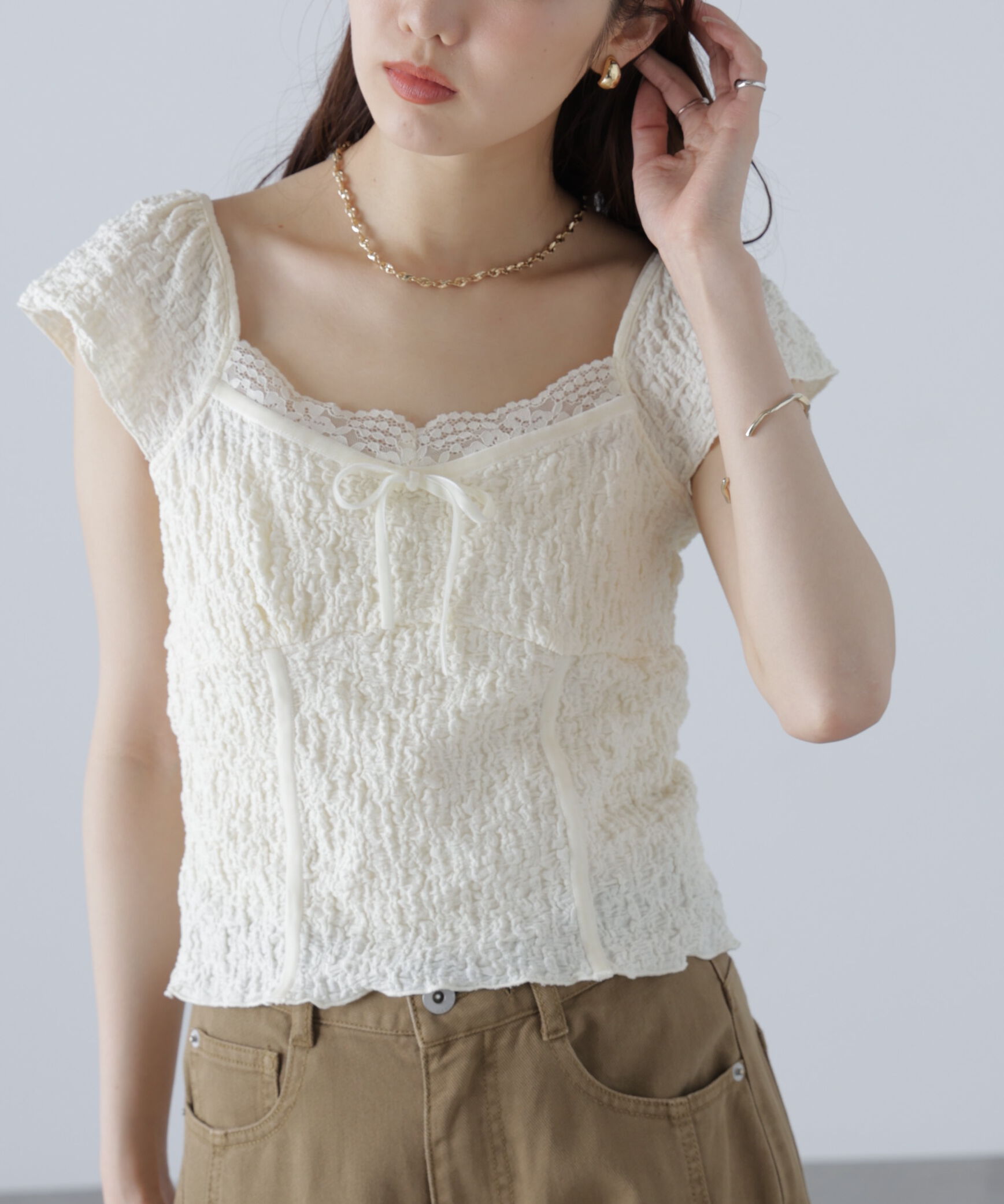 「レーストリムカットジャガードカットソー」|Tシャツ・カットソー|