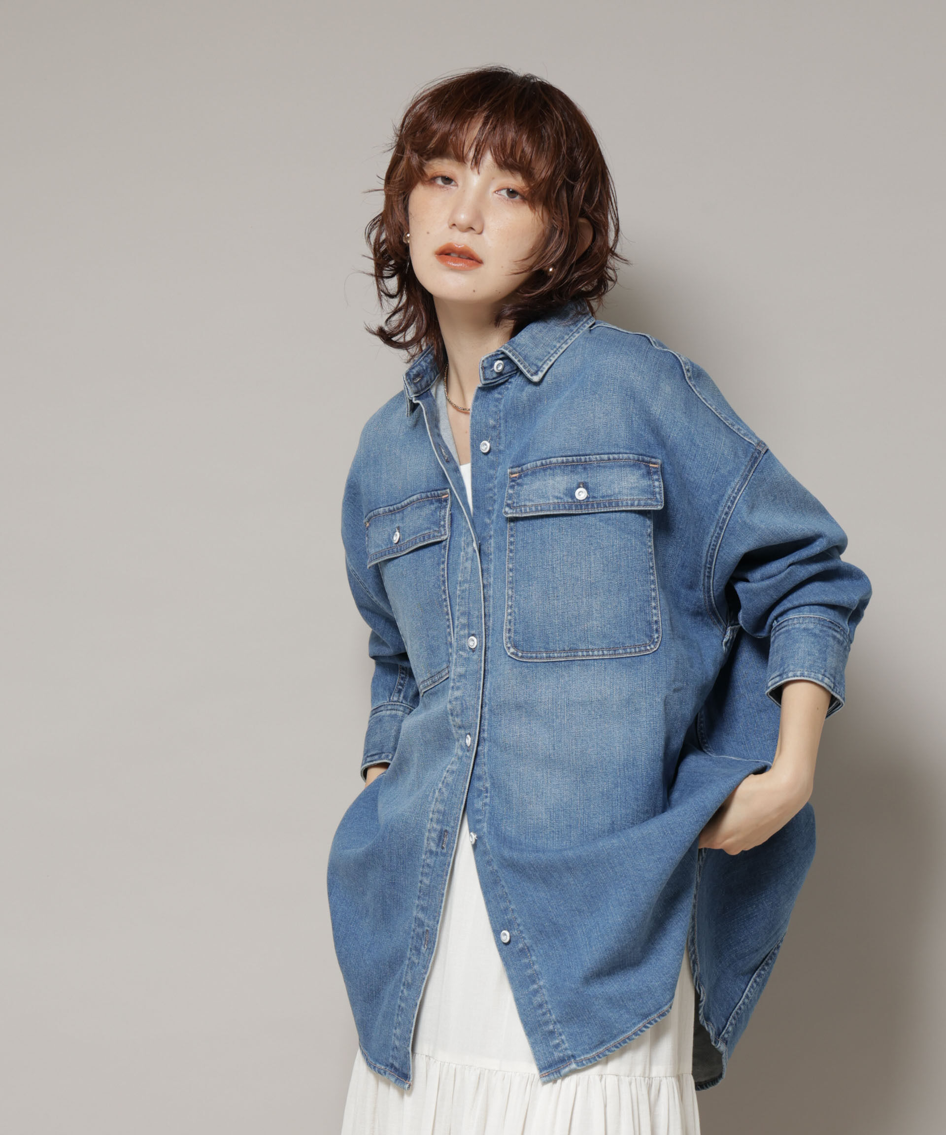 nano･universe「Healthy DENIM/Almond デニム ビッグシャツ」|シャツ・ブラウス|ブルー