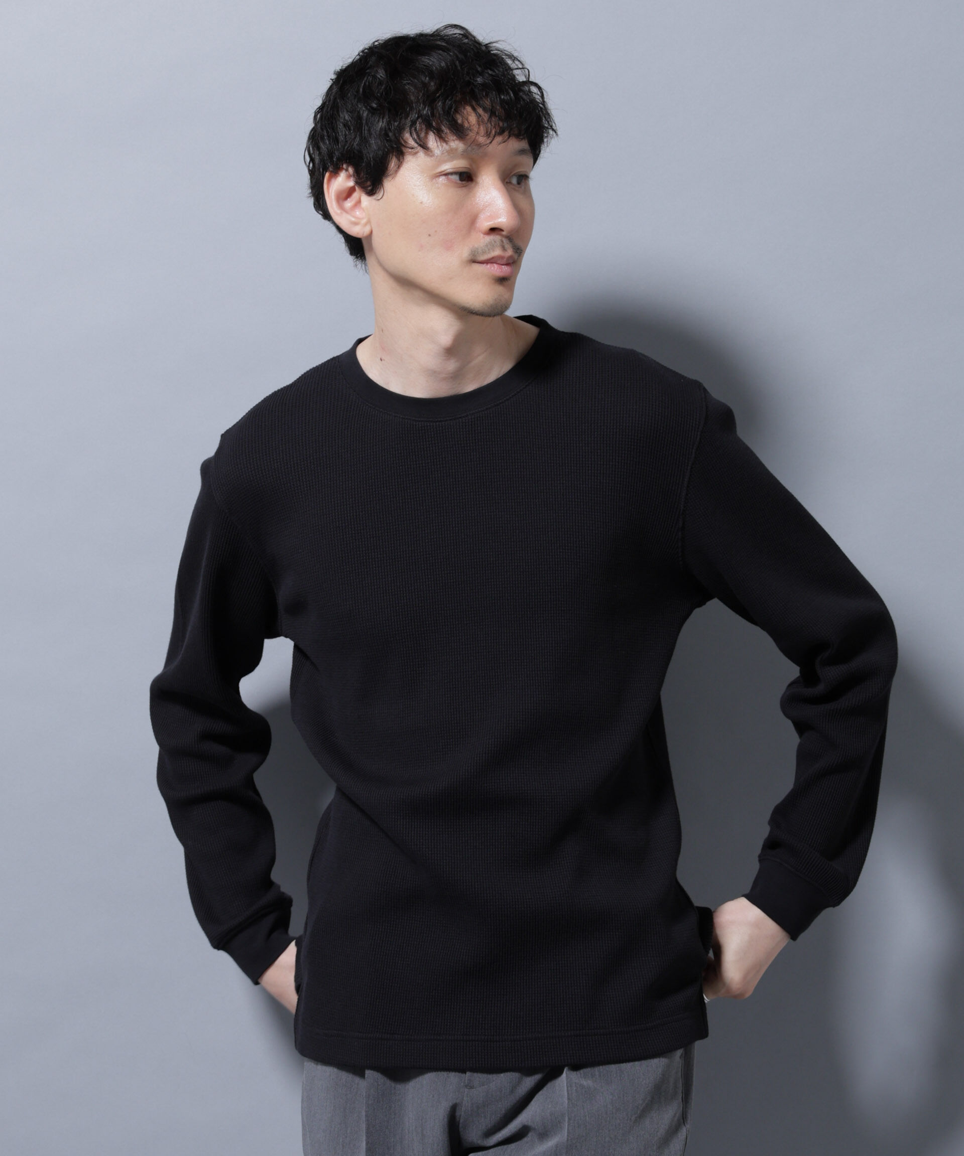 nano･universe「アンチスメルワッフルTシャツ 長袖」|Tシャツ・カットソー|ブラック