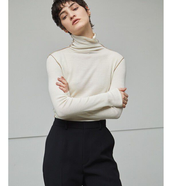BEIGE,「【洗える・GISELe 10月号掲載】FORD / ウール配色メローハイネックカットソー」|Tシャツ・カットソー|Ecru