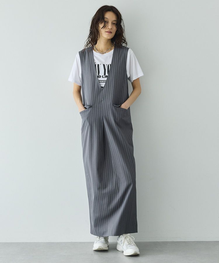 GARAGE OF GOOD CLOTHING「ストライプ深Vネックタックジャンパースカート」|ジャンパースカート|