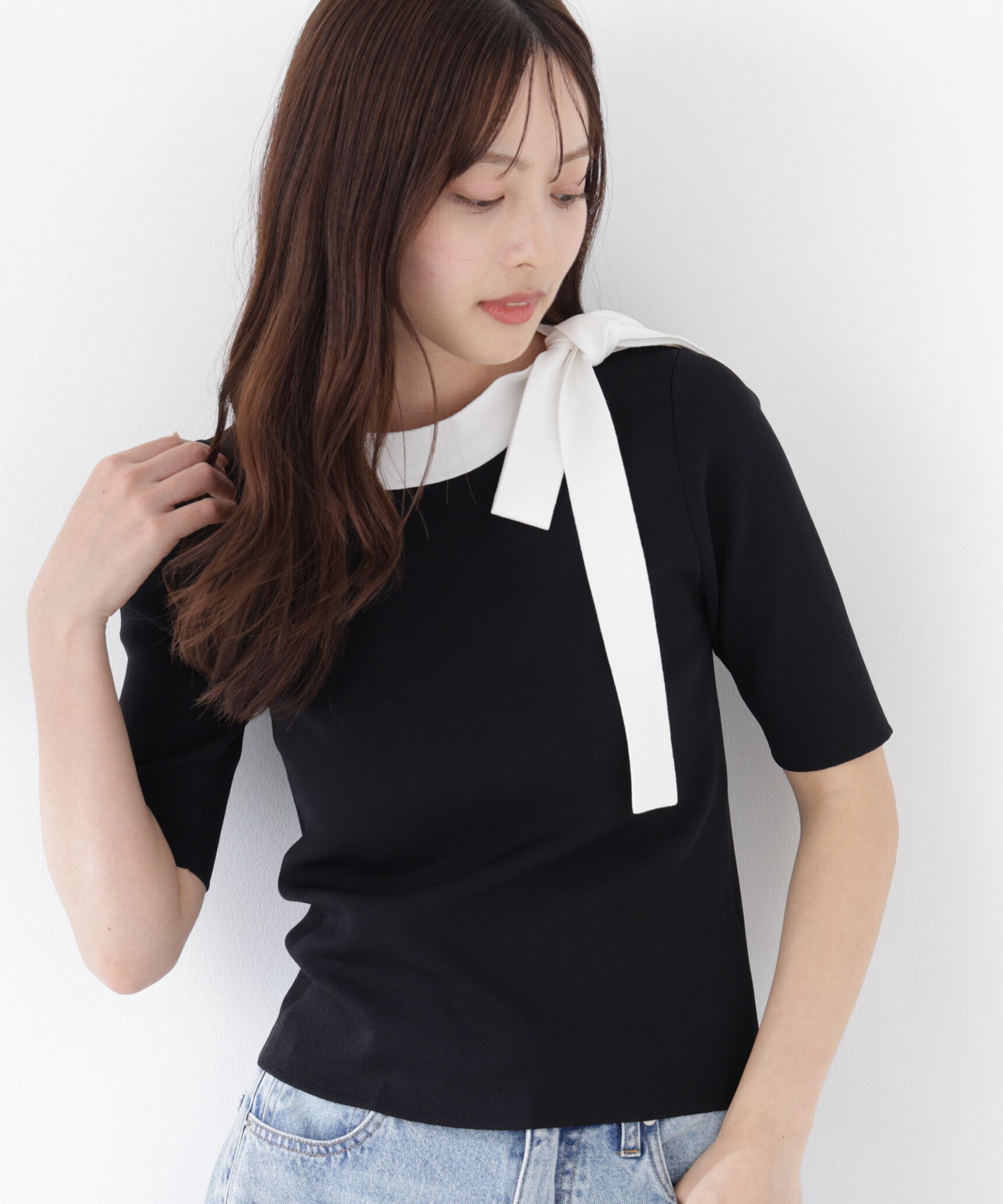 PROPORTION BODY DRESSING「＜UV＞サイドリボンニット　26SS」|ニット・セーター|ブラック&times;エ  1