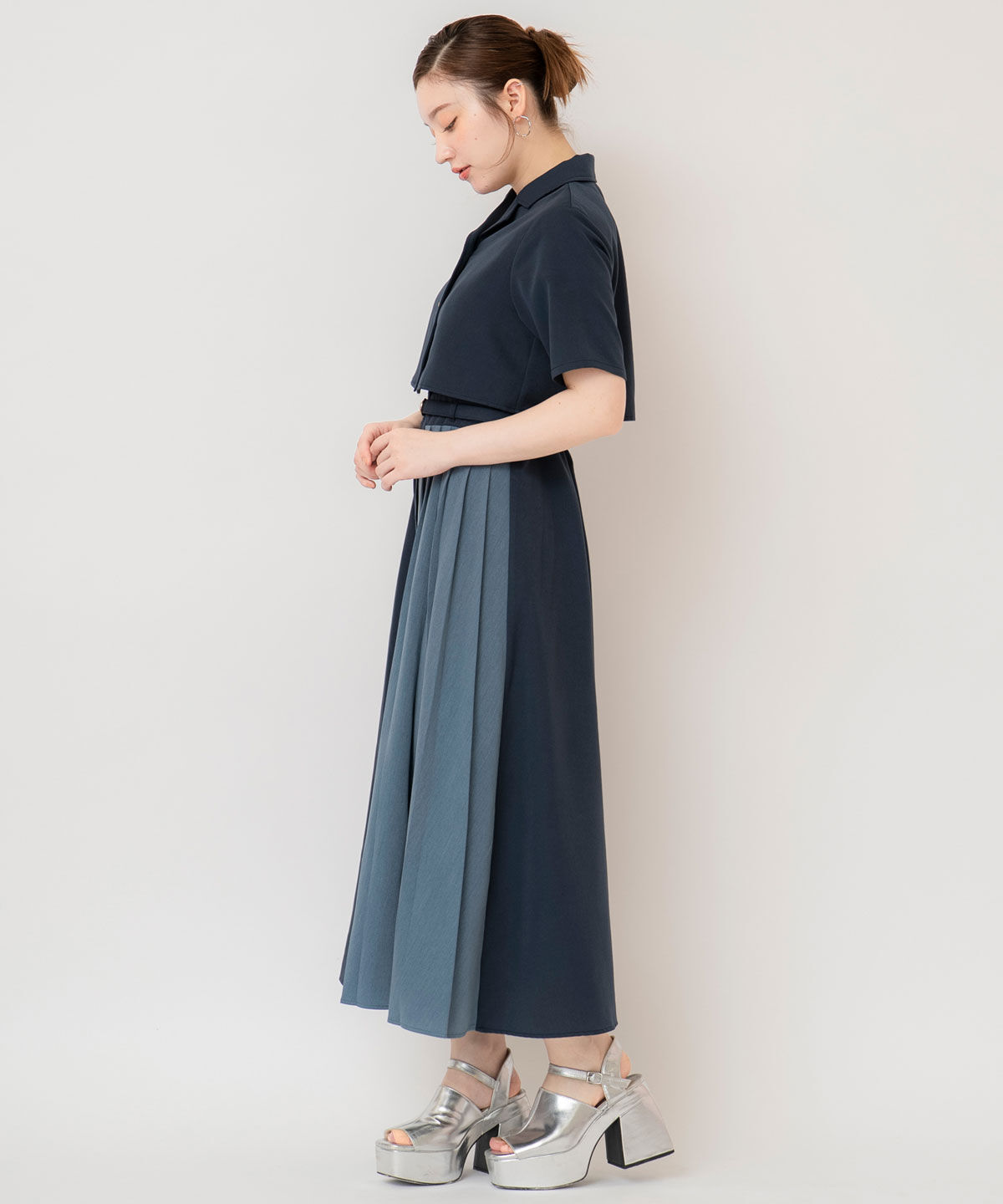 REDYAZEL「バイカラーアシメプリーツシャツワンピース」|ワンピース|