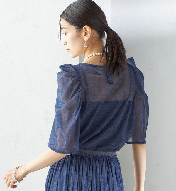 SHIPS for women「troisiemeCHACO:〈手洗い可能〉デニム プリント チュール ブラウス」|シャツ・ブラウス|