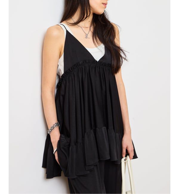  「SATIN RUFFLE MINI DRESS：ワンピース」|ワンピース|