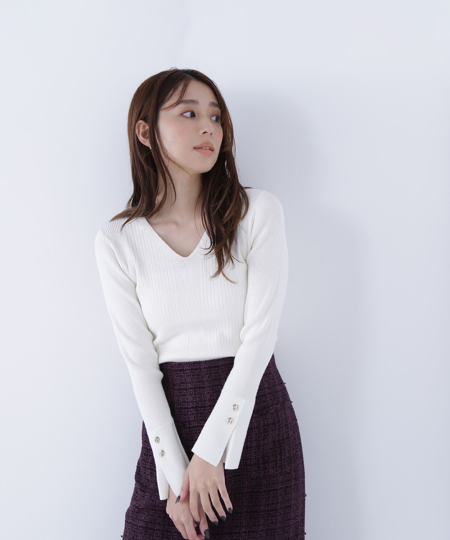 「Vネックハトメスリーブリブニット」|ニット・セーター|