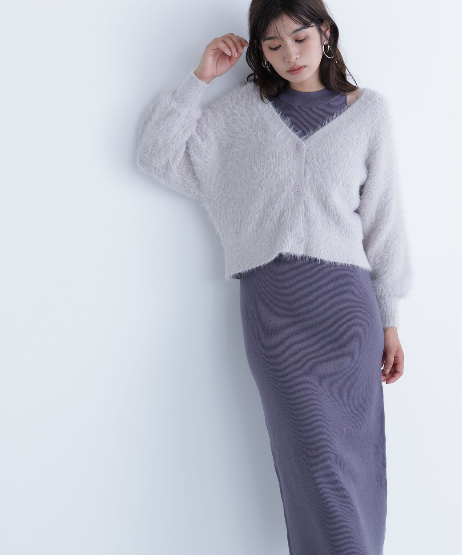  「シャギーカーデセットニットワンピース」|ワンピース|グレー&times;チャ  2