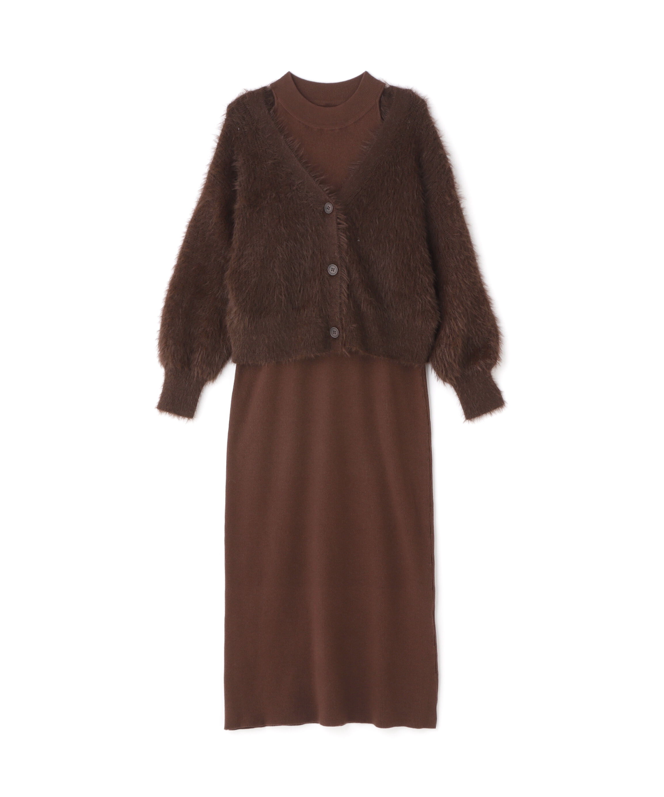  「シャギーカーデセットニットワンピース」|ワンピース|