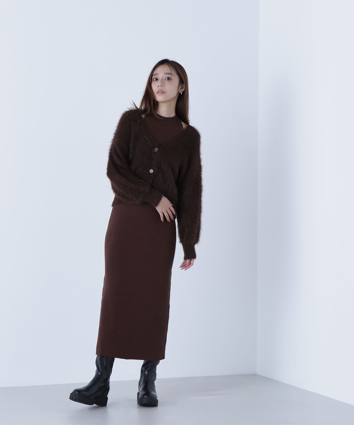  「シャギーカーデセットニットワンピース」|ワンピース|