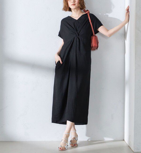 SHIPS for women「〈手洗い可能〉麻混 ノットディテール フレンチスリーブ ワンピース」|ワンピース|ブラック