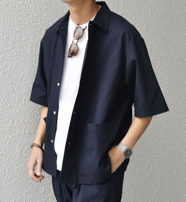 SHIPS any「SHIPS any:〈撥水/ストレッチ〉SOLOTEX(R) シアサッカー キャンプポケット シャツ」|シャツ・ブラウス|ネイビー