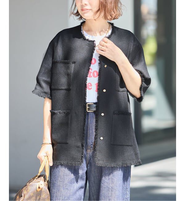 journal standard L'essage「TWEEDY MESH ショートスリーブジャケット」|ノーカラージャケット|ブラック