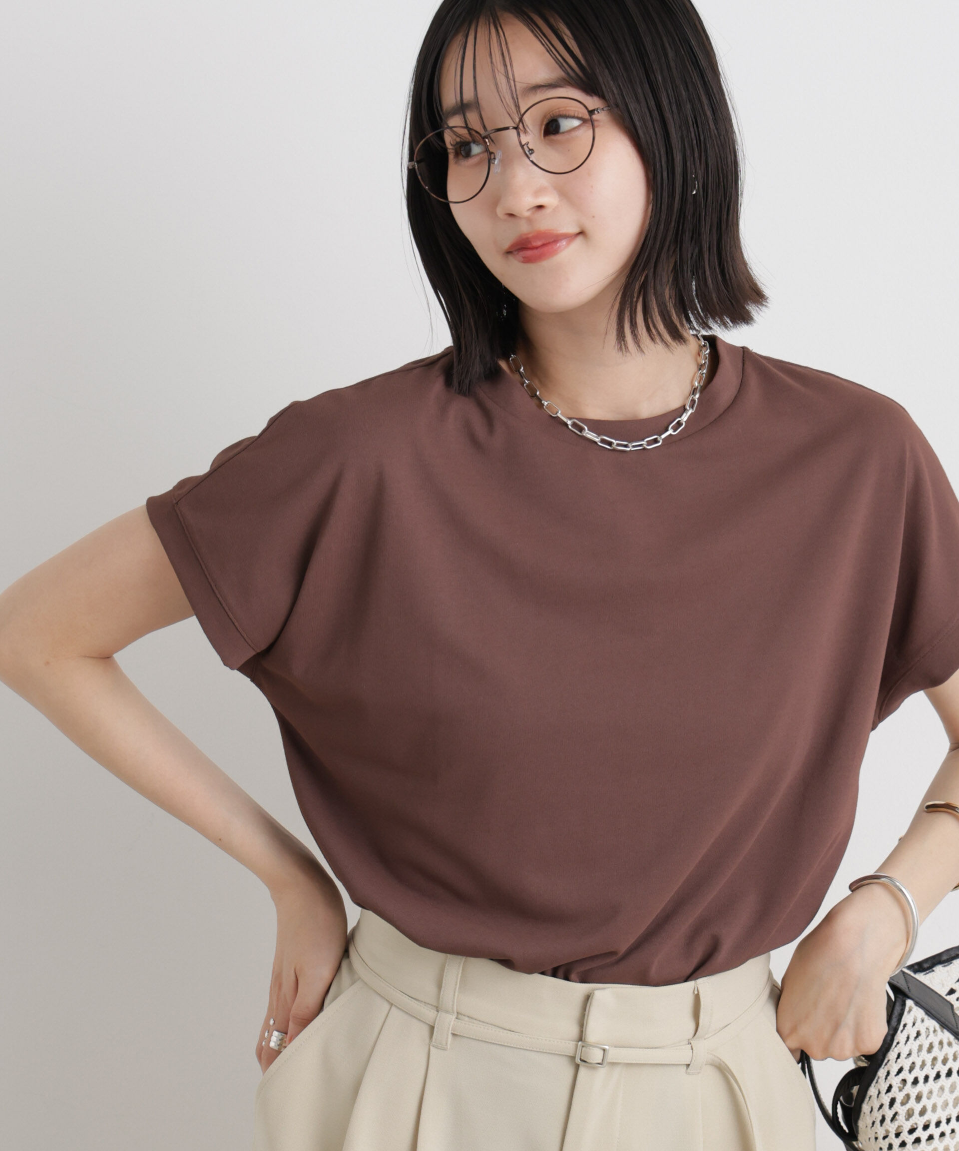 nano･universe「汗隠糸加工&多彩機能カットソー素材 ドルマンフレンチトップス」|Tシャツ・カットソー|ブラウン