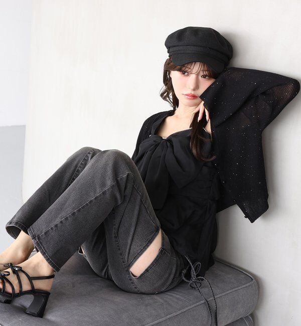  「【SMサイズ展開あり】サイドスリットリボン美脚デニムパンツ」|その他|