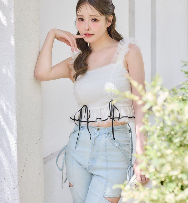  「【SMサイズ展開あり】サイドスリットリボン美脚デニムパンツ」|その他|