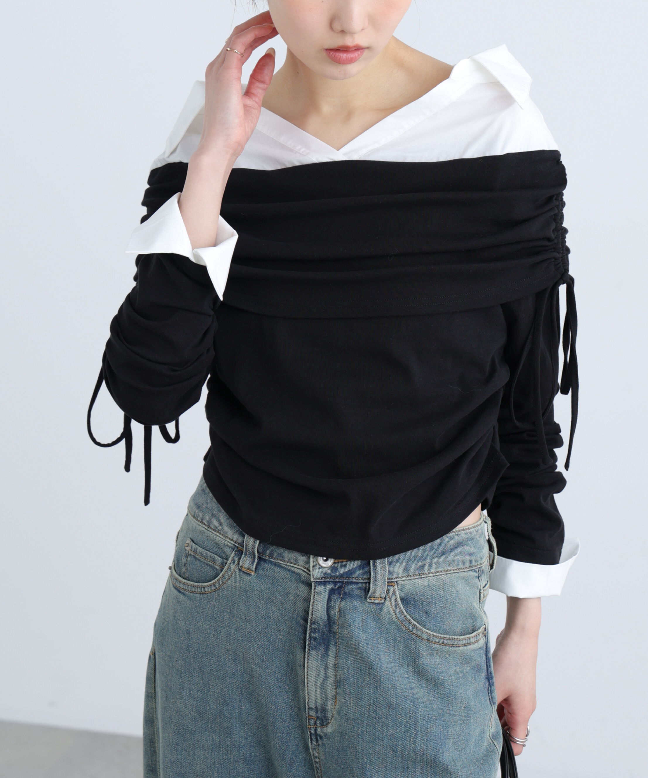  「シャツレイヤードオフショルダー」|Tシャツ・カットソー|