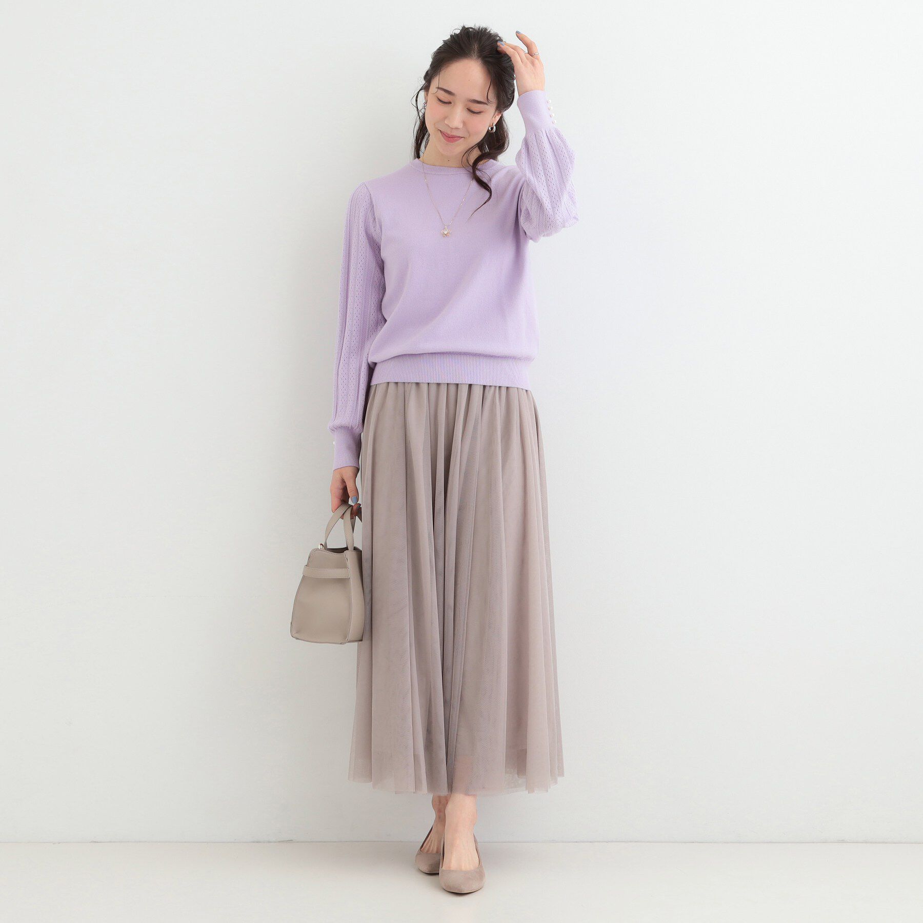 SHOO･LA･RUE「【洗濯機可/S-LL】手元美しく パールボタン&お袖編み柄切り替えニット」|ニット・セーター|