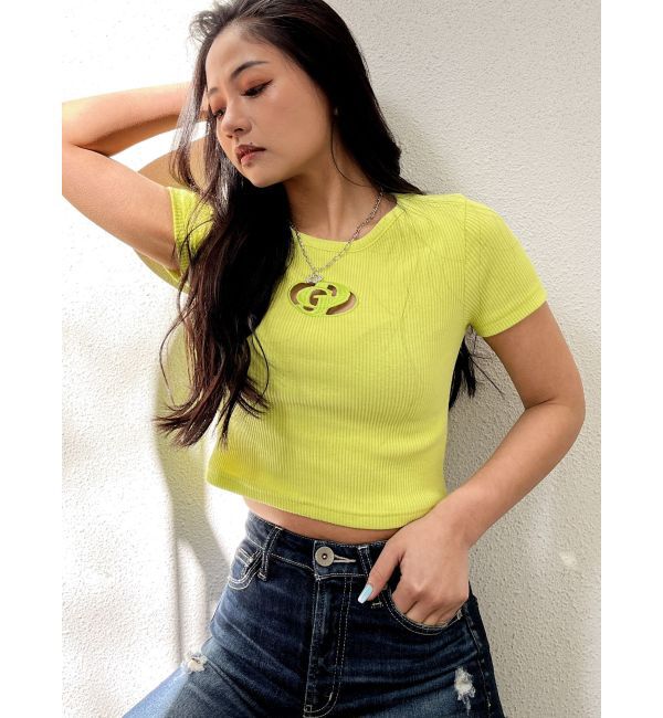 GYDA「GDカットアウトハーフスリーブテレコトップス」|Tシャツ・カットソー|