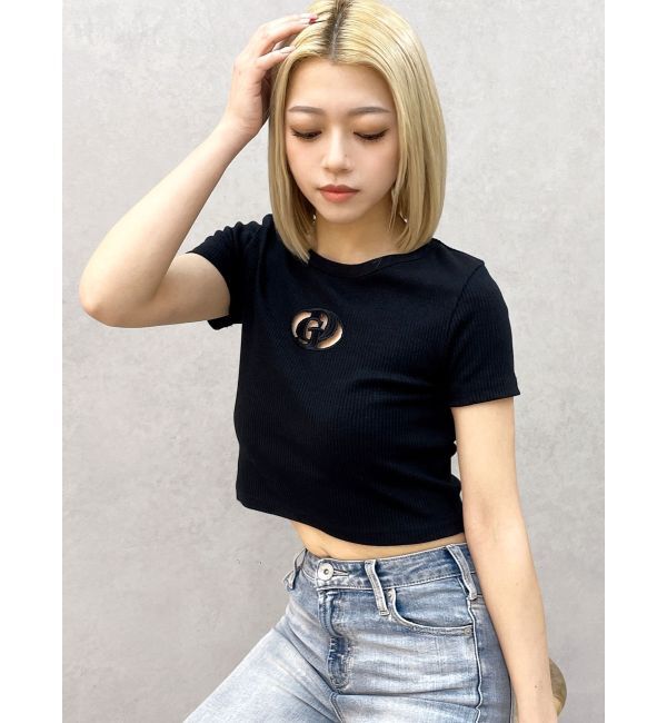 GYDA「GDカットアウトハーフスリーブテレコトップス」|Tシャツ・カットソー|
