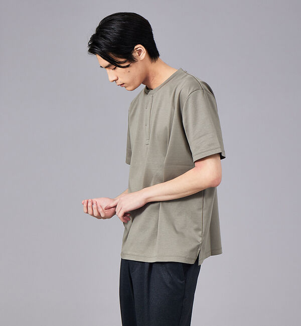 ABAHOUSE「【スーピマコットン】比翼 ヘンリーネック Tシャツ」|Tシャツ・カットソー|カーキ