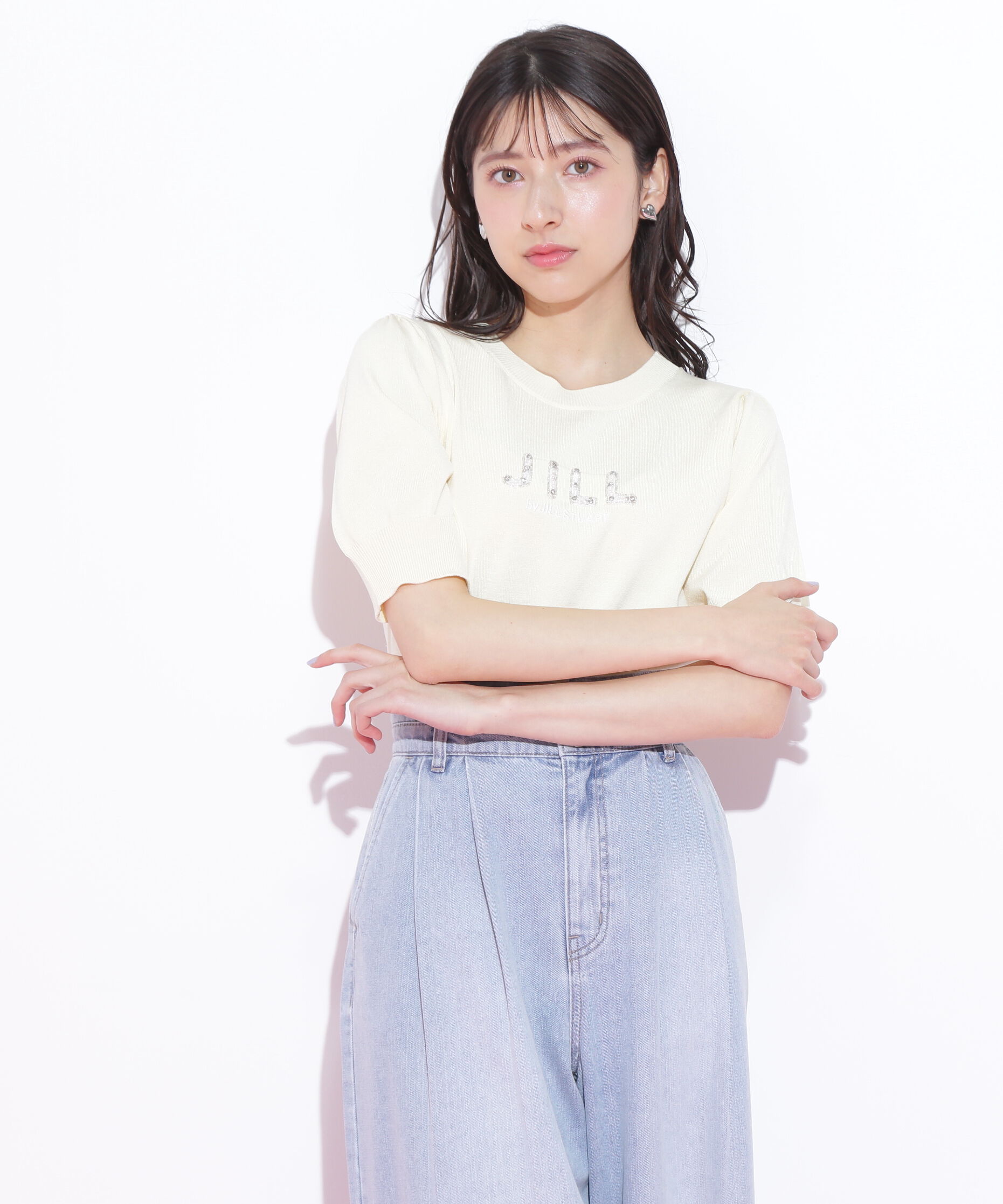  「パールミニロゴパフスリーブニットトップス」|ニット・セーター|