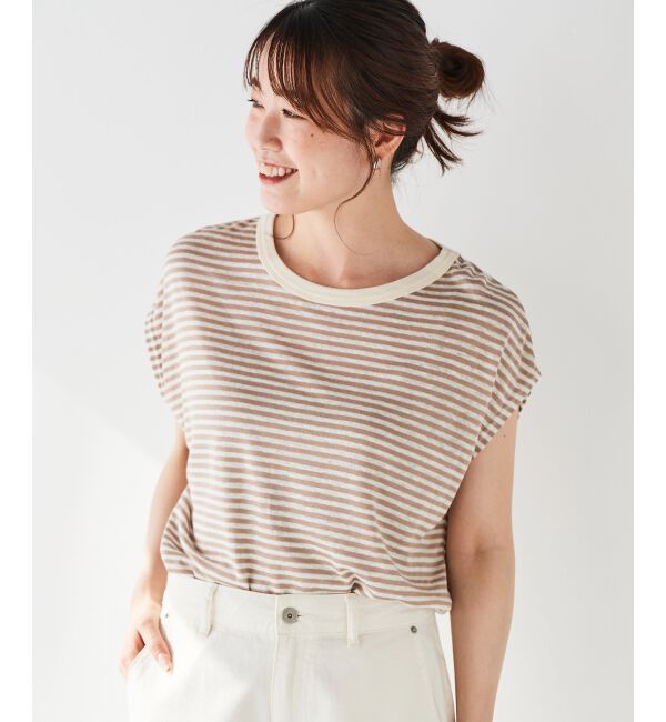le.coeur blanc「《手洗い可能》麻混ボーダーTシャツ」|Tシャツ・カットソー|ベージュ柄
