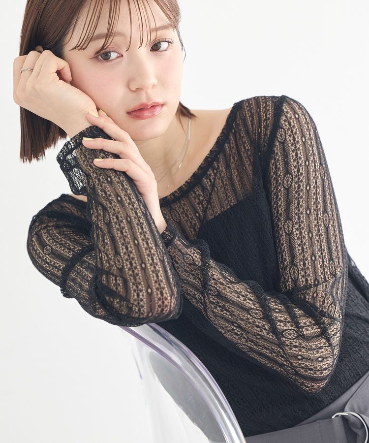 earth music&ecology「レースドッキングボートネックプルオーバー」|Tシャツ・カットソー|Black