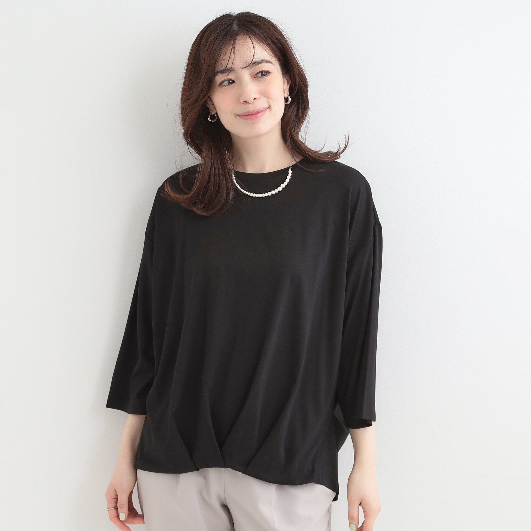 SHOO･LA･RUE「【ひんやり/UV/体系カバー】とろみフロントタック7分袖ゆるトップス」|Tシャツ・カットソー|