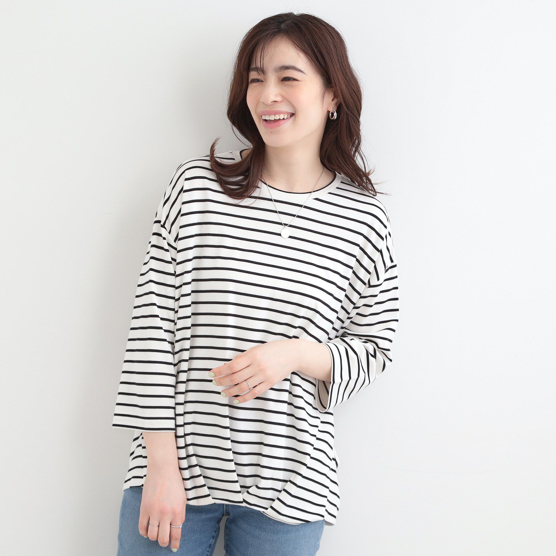 SHOO･LA･RUE「【ひんやり/UV/体系カバー】とろみフロントタック7分袖ゆるトップス」|Tシャツ・カットソー|