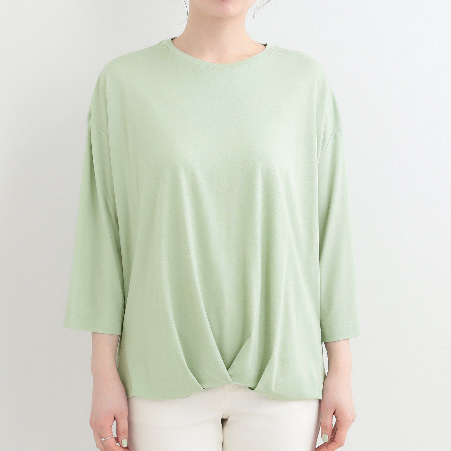SHOO･LA･RUE「【ひんやり/UV/体系カバー】とろみフロントタック7分袖ゆるトップス」|Tシャツ・カットソー|