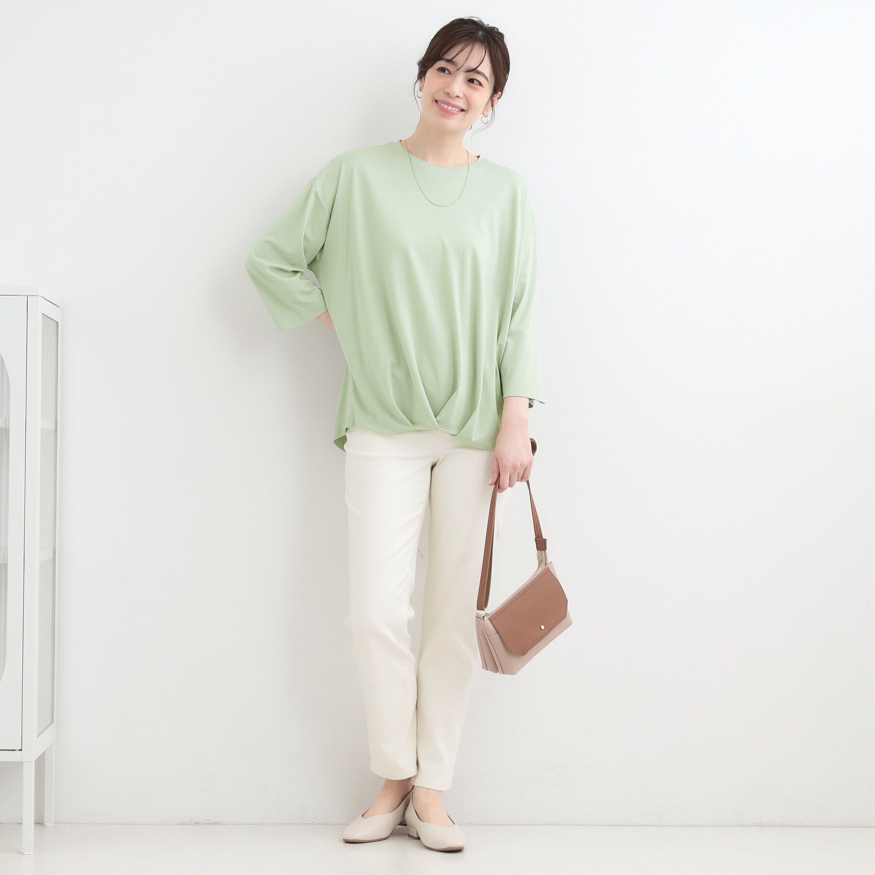 SHOO･LA･RUE「【ひんやり/UV/体系カバー】とろみフロントタック7分袖ゆるトップス」|Tシャツ・カットソー|
