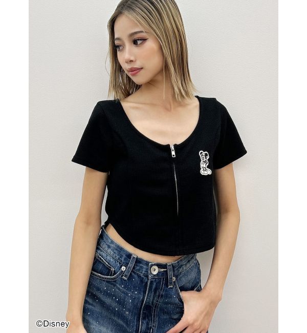 GYDA「Mickey Mouse / フロントZIPワッフルトップス」|Tシャツ・カットソー|ブラック