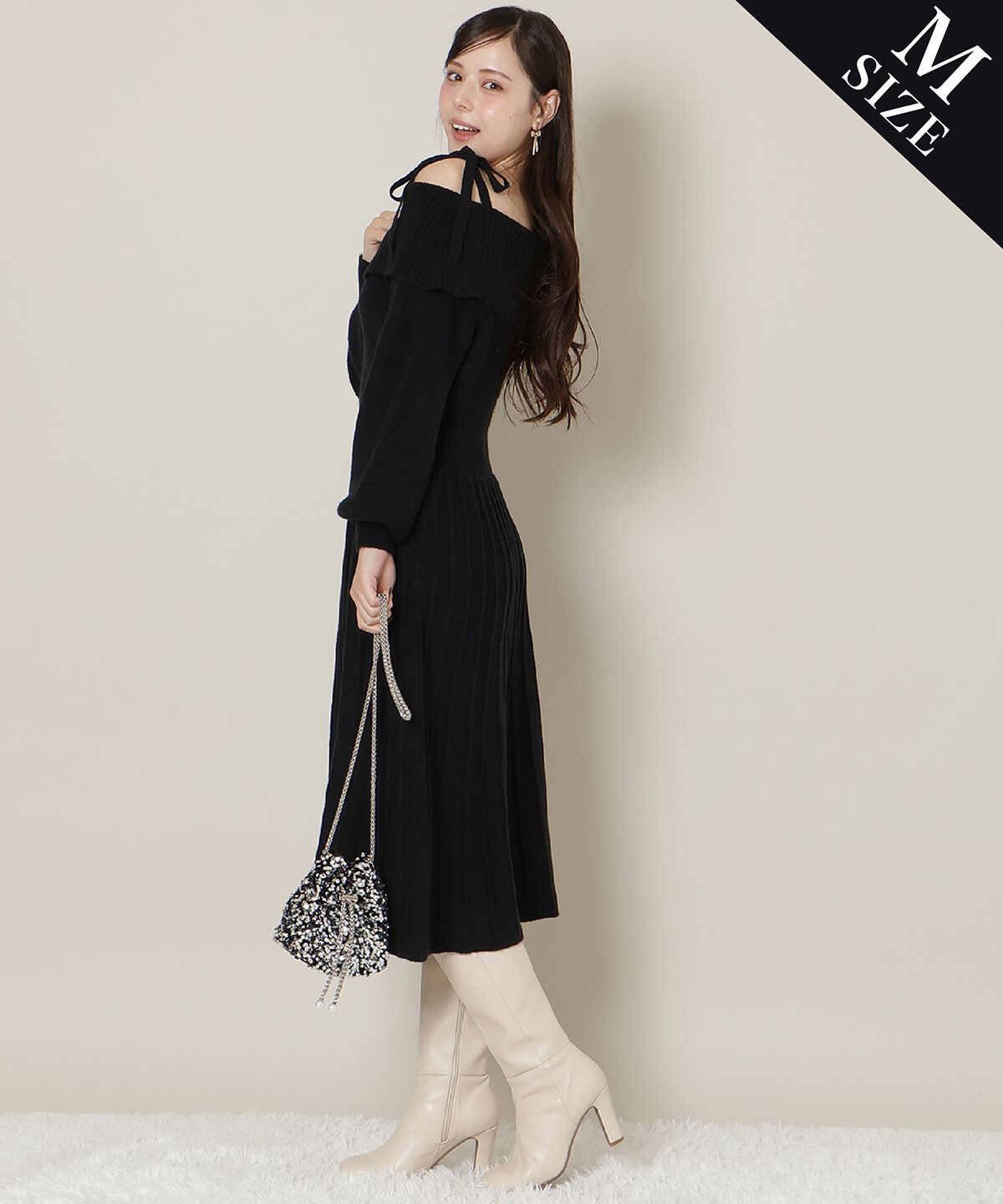 WILLSELECTION「オープンショルダープリーツニットワンピース」|ワンピース|