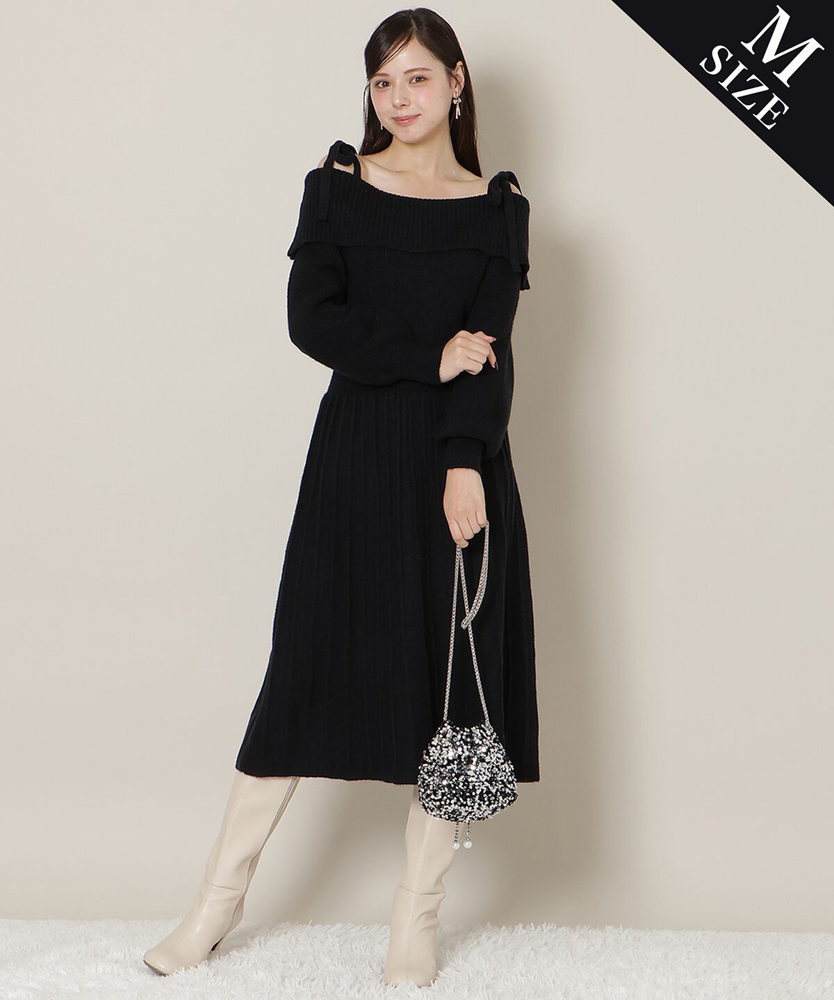 WILLSELECTION「オープンショルダープリーツニットワンピース」|ワンピース|