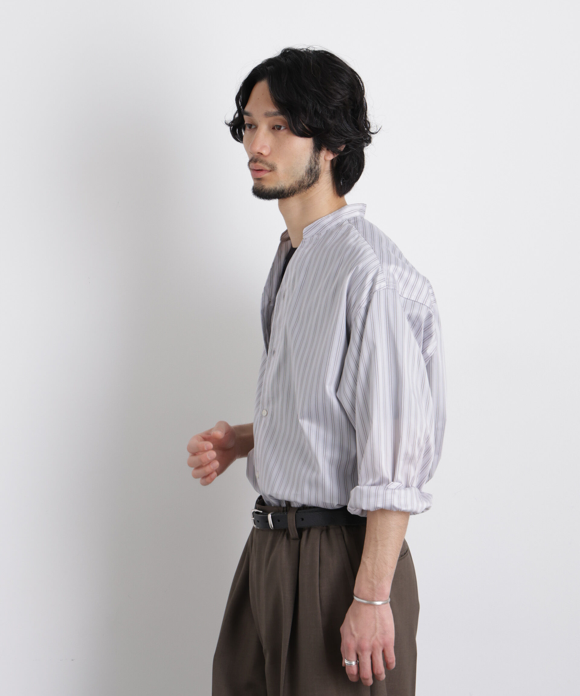 nano･universe「「OtoNANO」大人のワイドシャツバンドカラー ストライプ長袖」|シャツ・ブラウス|