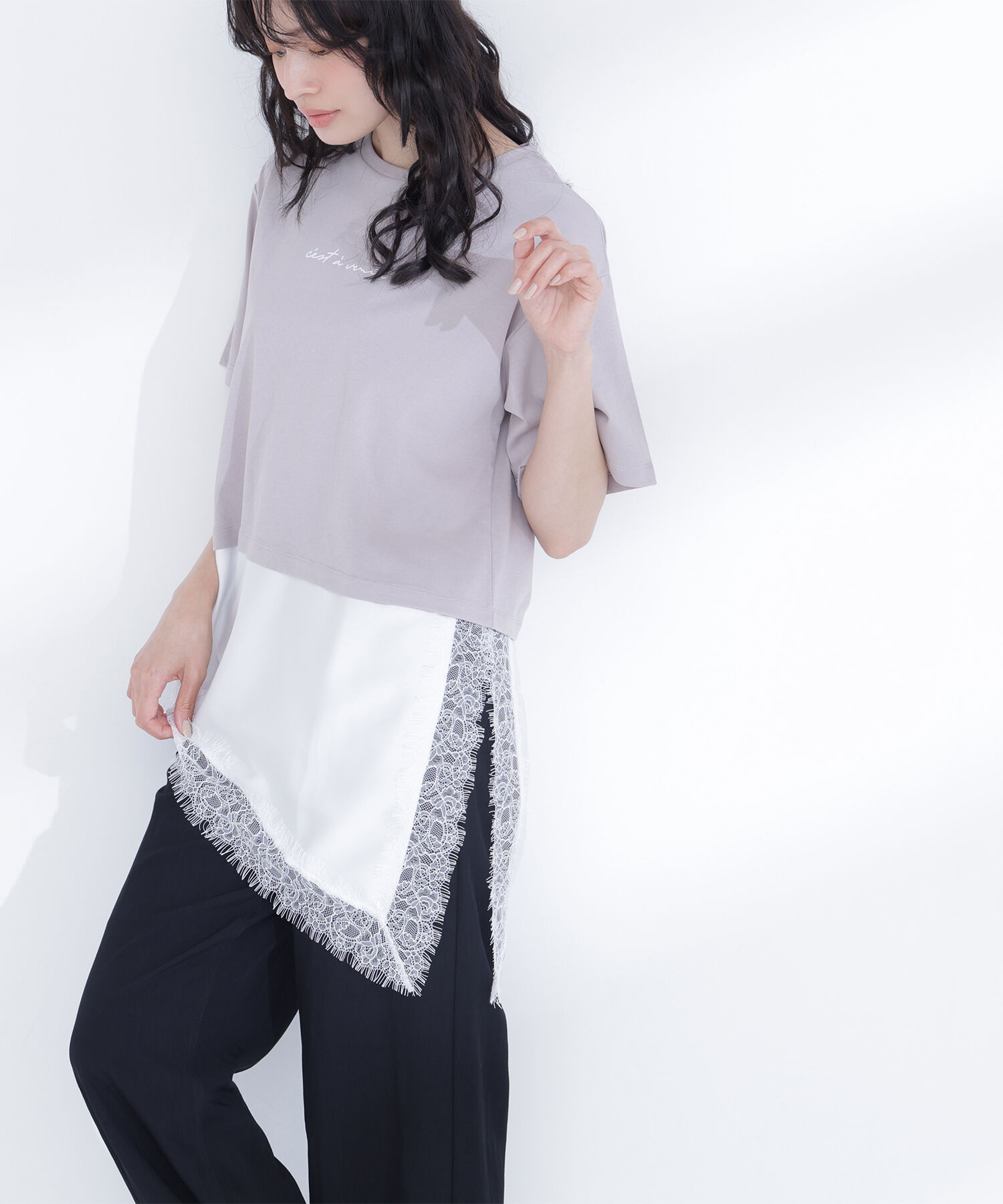  「レースドッキングロゴTシャツ」|Tシャツ・カットソー|グレー&times;オフ2