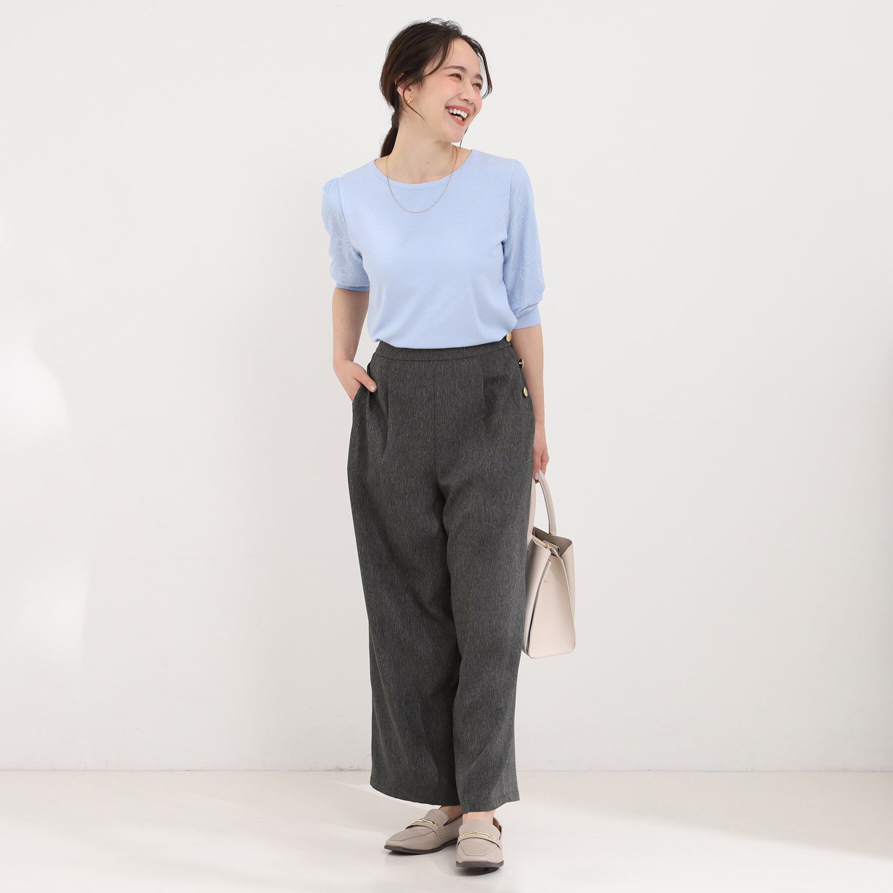 SHOO･LA･RUE「【S-LL】はくだけすっきりシルエット サイドボタン付き デニム風ワイドパンツ」|その他|