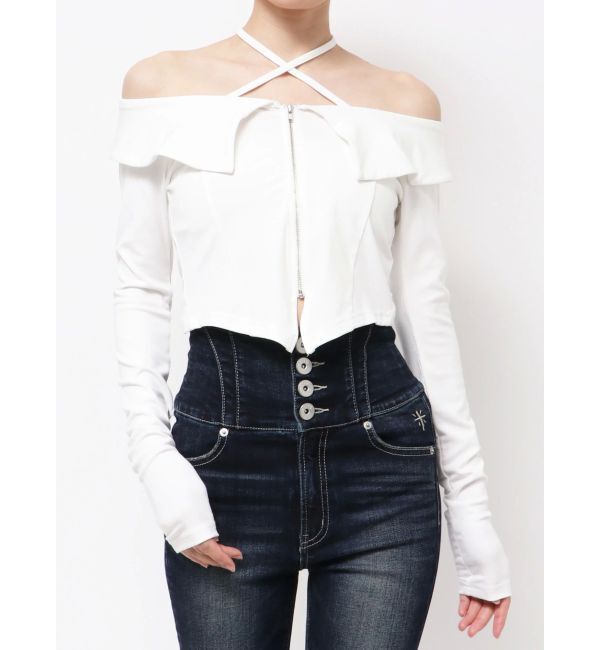GYDA「フロントZIPクロスチョーカーショートトップス」|Tシャツ・カットソー|オフホワイト