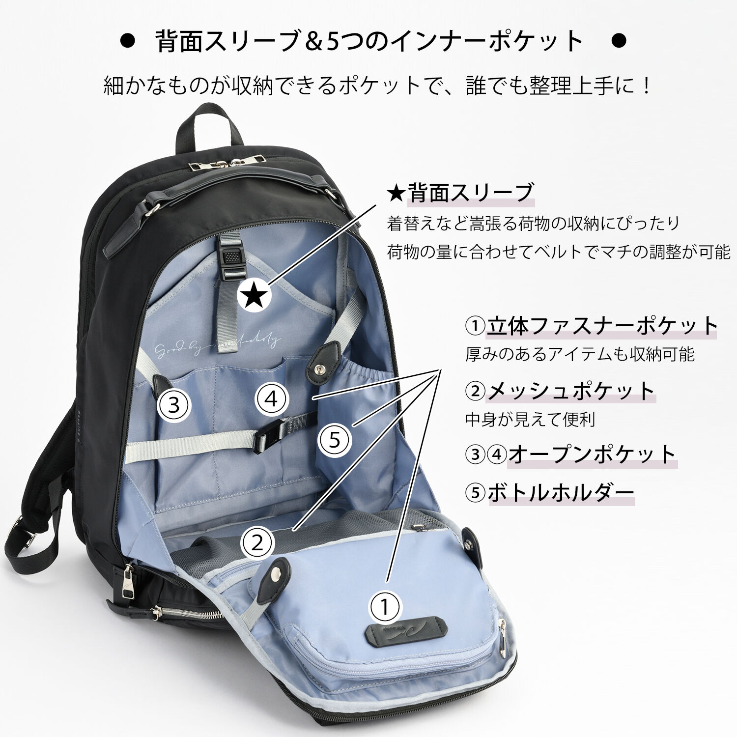 W&.Day/Night「W&.Day/Night ミュッケ オーガナイズドリュック A4サイズ 14.0インチPC収納 大容量 15576」|リュック|