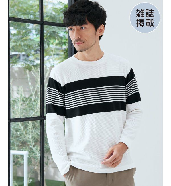ikka「【雑誌MonoMax4月号掲載】リップルパネルボーダーロンＴ」|Tシャツ・カットソー|ホワイト