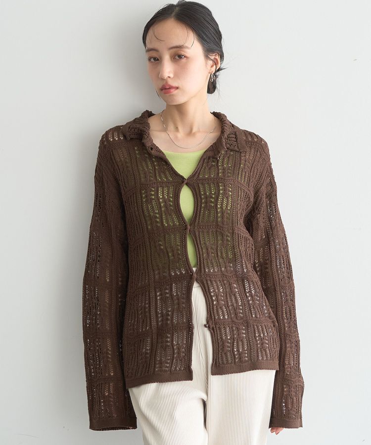 earth music&ecology「メッシュレース襟付きカーディガン」|カーディガン|Brown