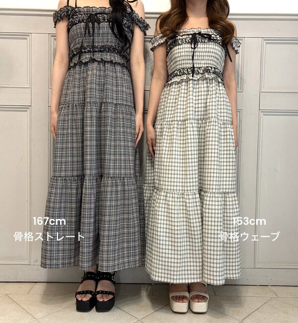  「背中あき配色リボンシャーリングロングワンピ」|ワンピース|