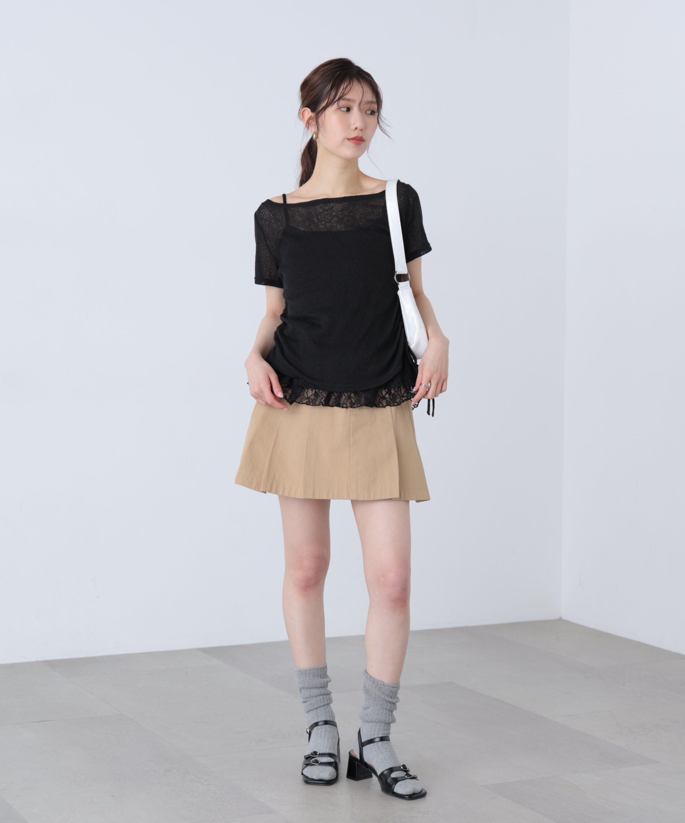  「メランジドロスト半袖レースティアードキャミセット」|Tシャツ・カットソー|